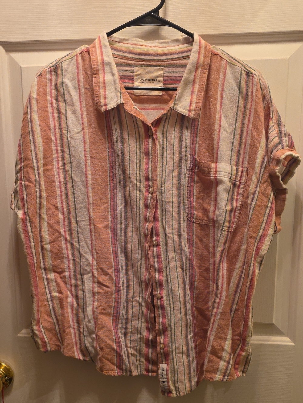 Lucky Brand Peach, White and Multicolor Striped Button-Down Shirt